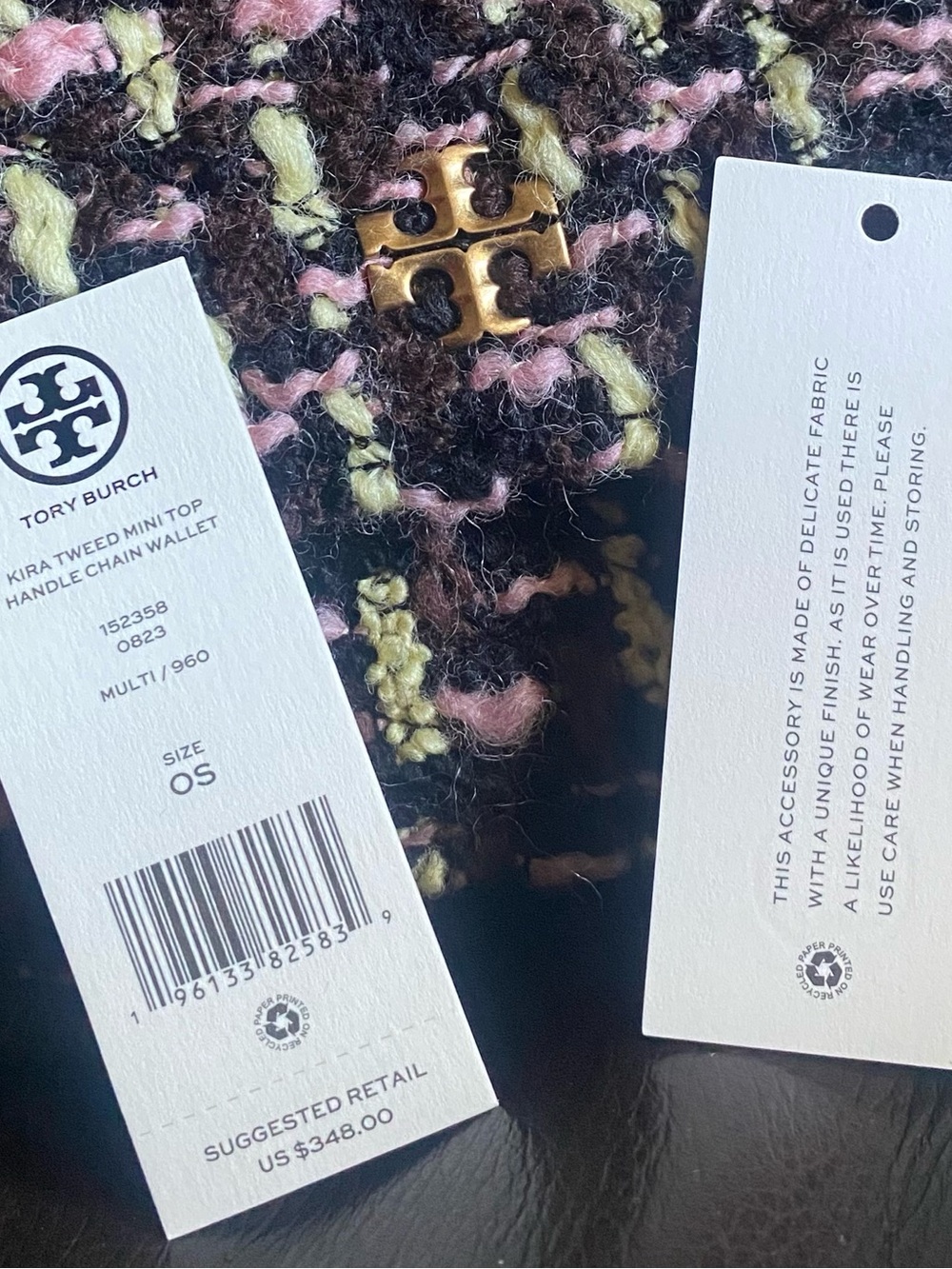 Tory Burch Kira Tweed Mini Top Handle Chain Wallet Crossbody Bag Multi Gold